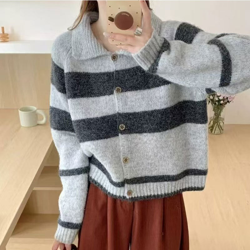 Women's cardigan with decorative collar and fashionable stripes NOVAE