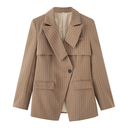 Women's fashionable blazer jacket with asymmetrical collar and elegant pinstripes NOVAE