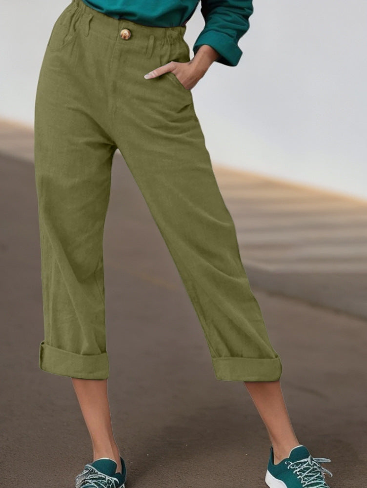 Women's Elegant Linen Trousers with Wide Leg and Turn-Up Hem NOVAE