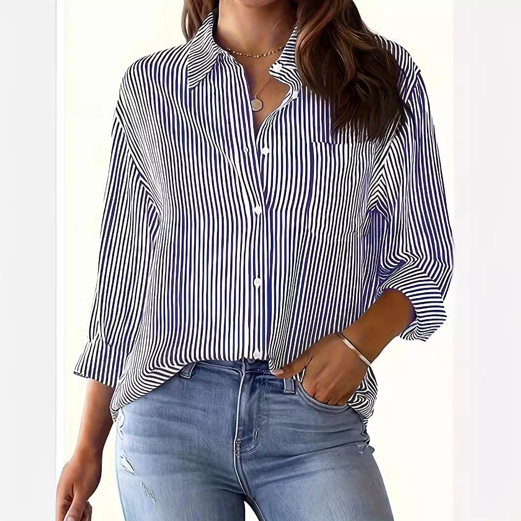 Women's long-sleeved blouse with fine stripes and chest pocket NOVAE