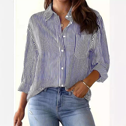 Women's long-sleeved blouse with fine stripes and chest pocket NOVAE