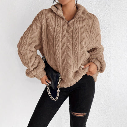 Women's Cozy Fleece Sweater with High Collar and Zipper Detail NOVAE