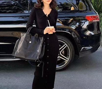 Women's knitted maxi dress with button closure and fashionable collar NOVAE