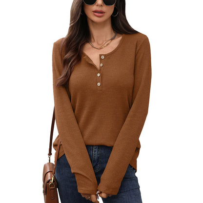 Women's waffle knit long-sleeved shirt with button placket NOVAE