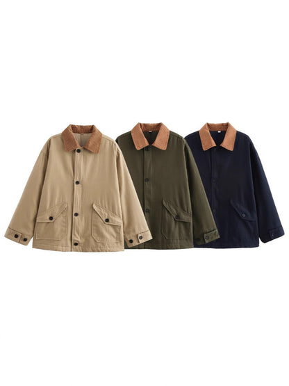 Women's casual transitional jacket with corduroy-style collar and practical pockets NOVAE