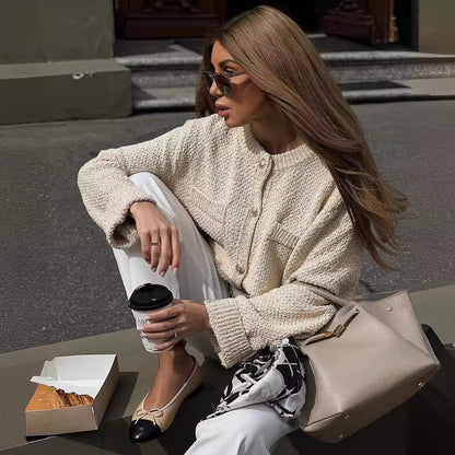 Women's cardigan with textured woven pattern and patch pockets NOVAE