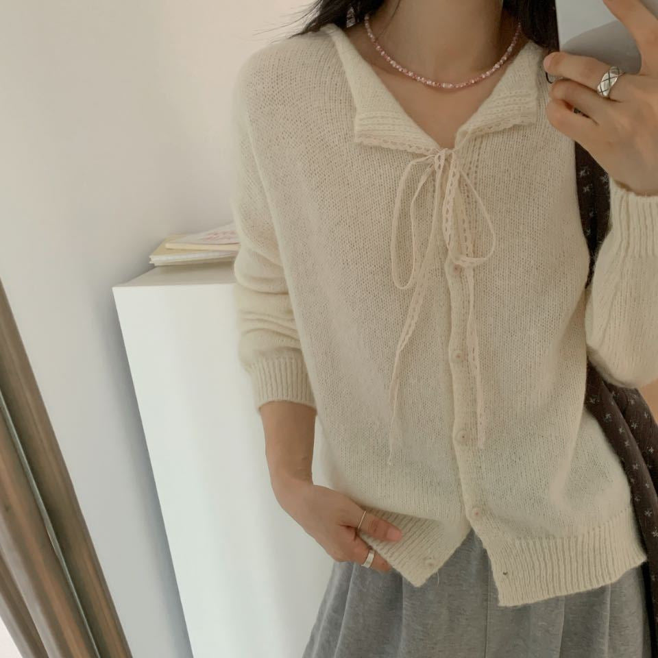 Women's casual knit cardigan with drawstring and fine texture NOVAE