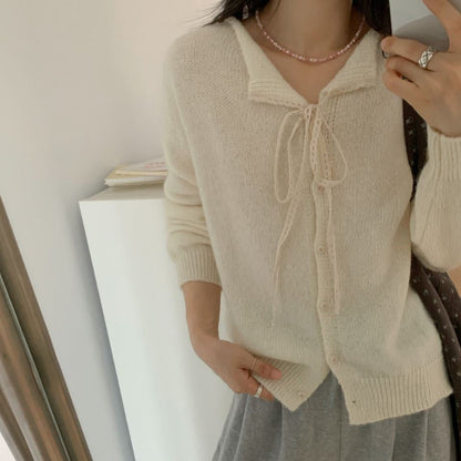 Women's casual knit cardigan with drawstring and fine texture NOVAE