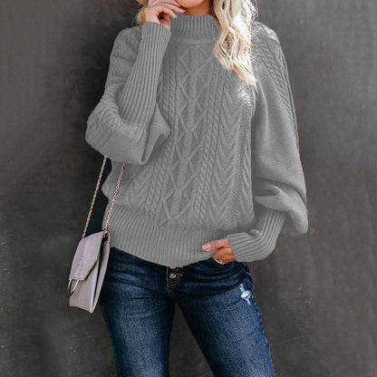 Women's chunky knit sweater with high collar and balloon sleeves NOVAE
