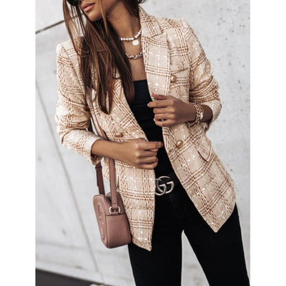 Women's Checkered Blazer with Gold Buttons and Textured Fabric NOVAE