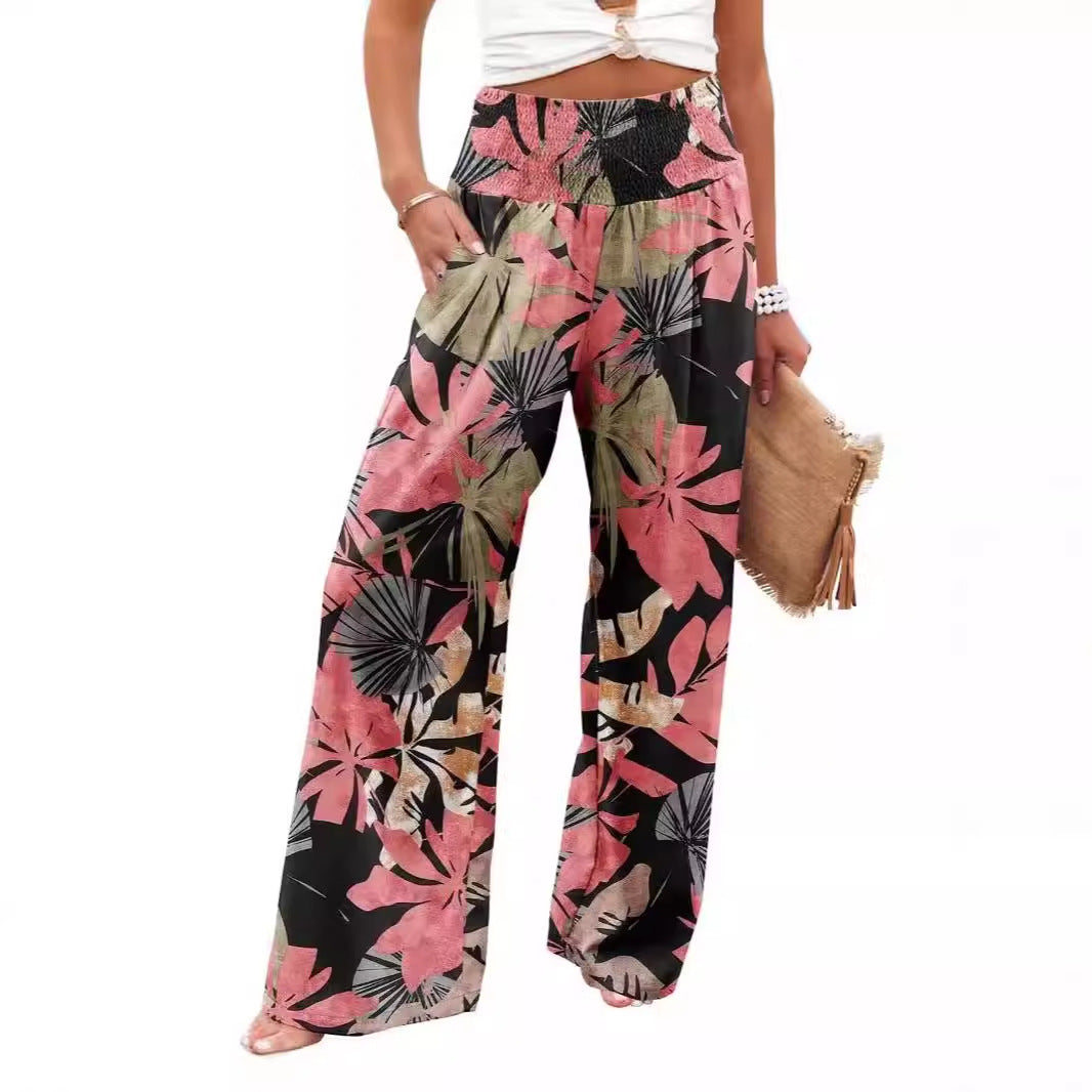 Women's palazzo trousers with elasticated waistband and floral pattern NOVAE