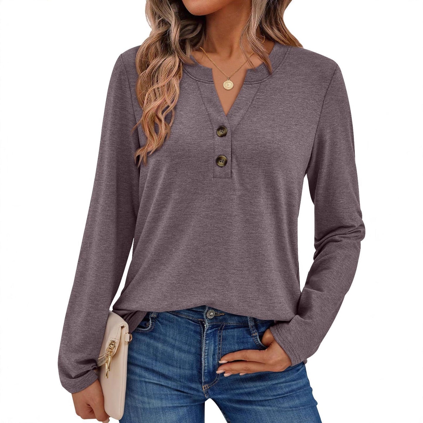Women's casual long-sleeved shirt with button detail and round neckline NOVAE