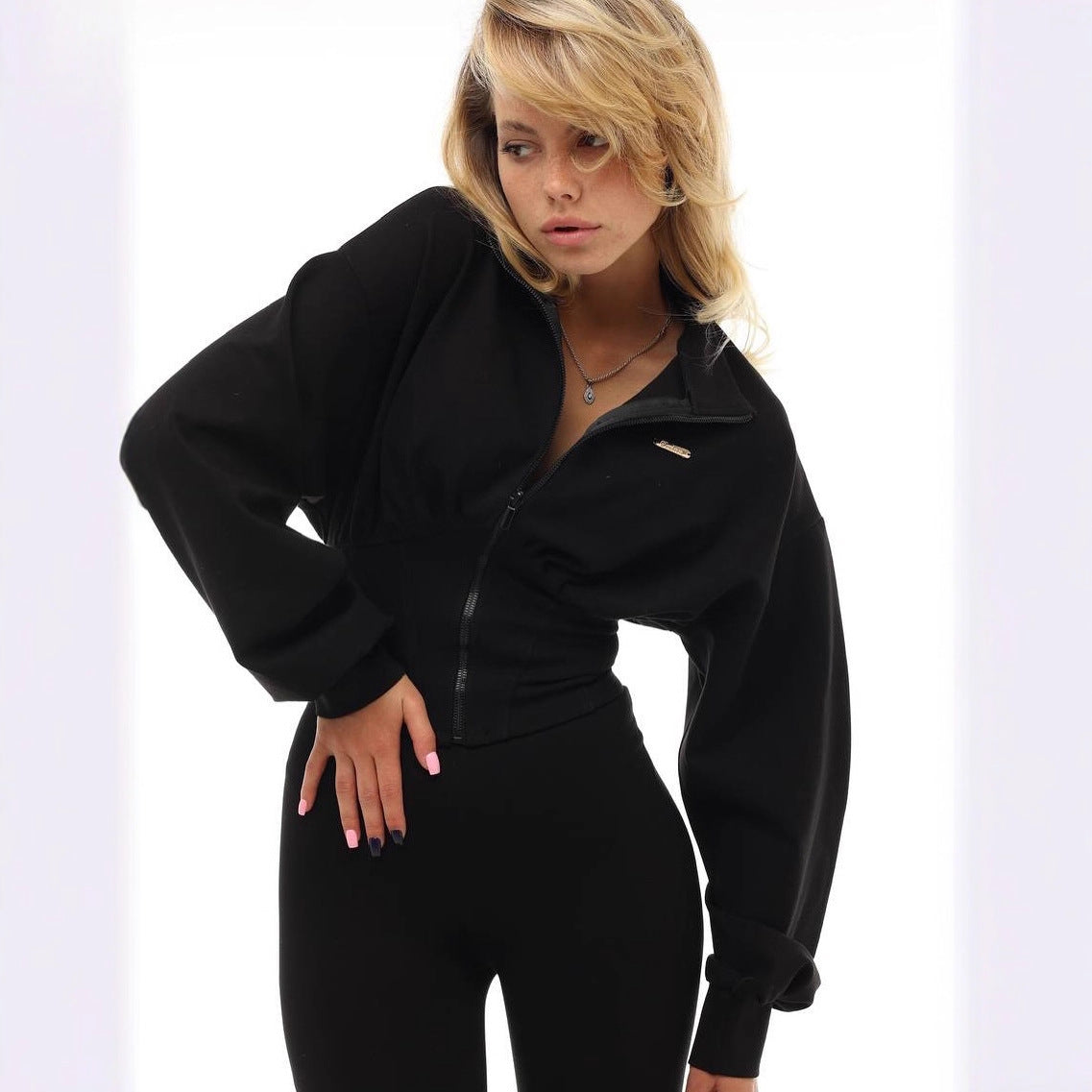 Women's cropped sweatshirt jacket with high collar and wide sleeves NOVAE
