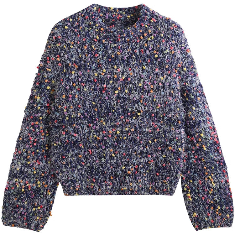 Women's fashionable sweater with colorful textured knit and round neckline NOVAE