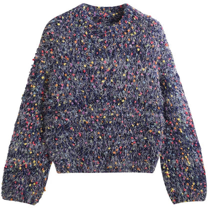 Women's fashionable sweater with colorful textured knit and round neckline NOVAE