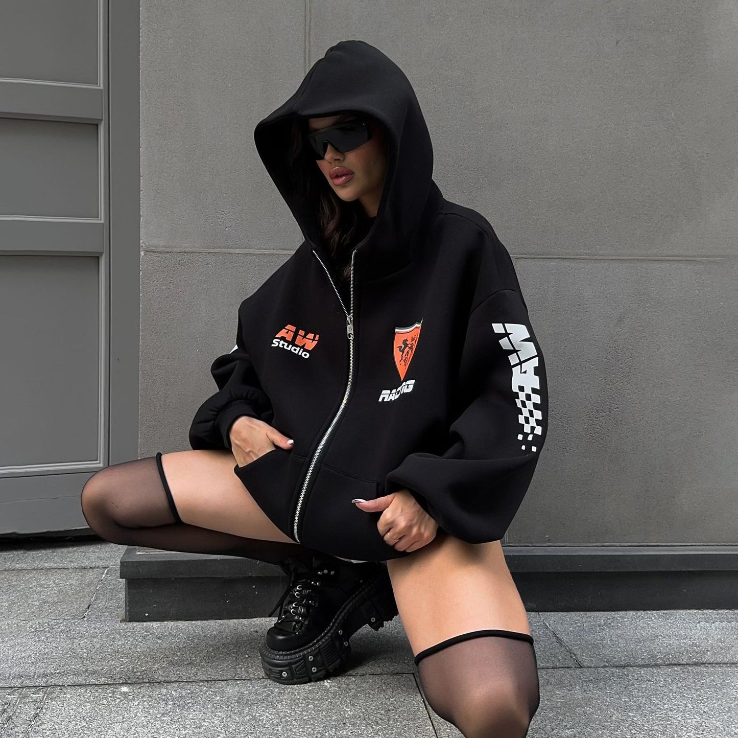 Women's oversized hooded jacket with graphic racing design NOVAE