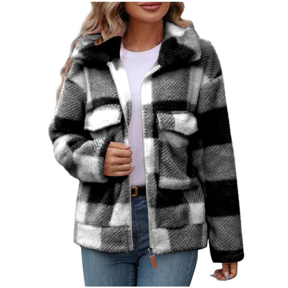 Women's fleece jacket with check pattern and practical pockets NOVAE