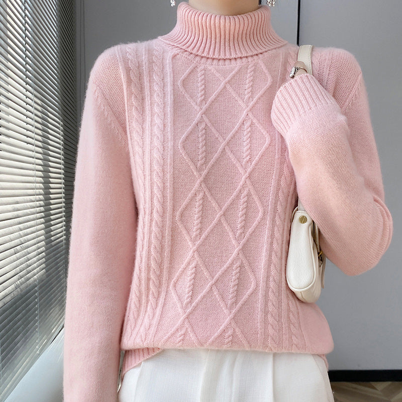 Women's knitted sweater with high collar and cable pattern NOVAE