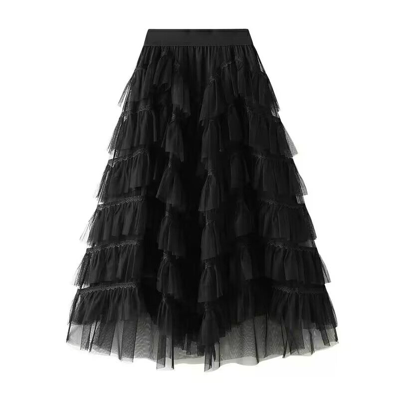Women's fashionable tulle skirt with multi-layered ruffles and elegant lace accents NOVAE
