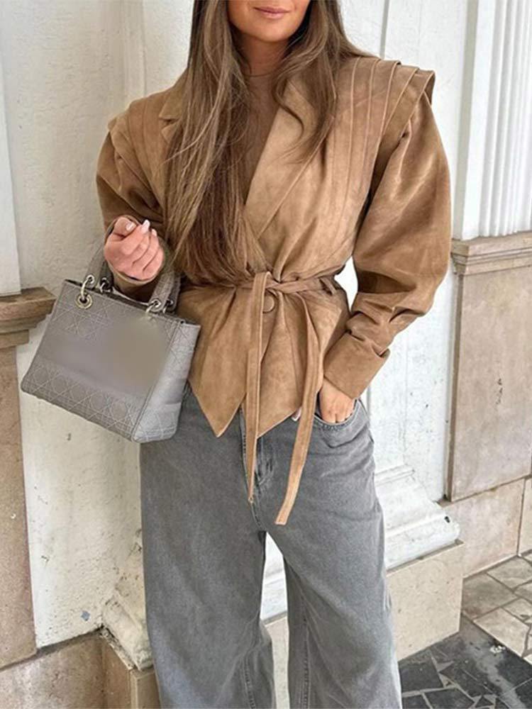 Women's fashionable blazer with smooth shoulder details and tie belt NOVAE