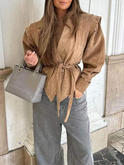 Women's fashionable blazer with smooth shoulder details and tie belt NOVAE