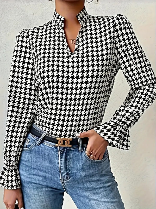 Women's long-sleeved blouse with classic houndstooth pattern and fashionable flounce sleeves NOVAE