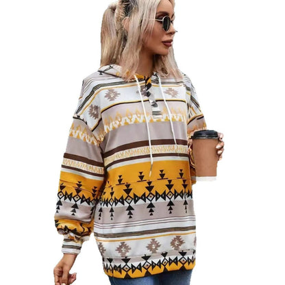 Women's hooded sweatshirt with creative color pattern and practical buttons NOVAE