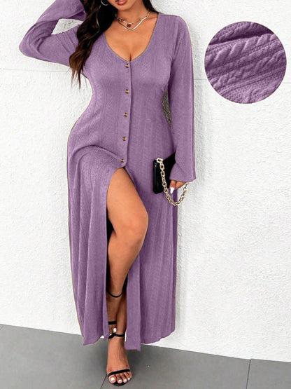 Women's maxi dress with button placket and elegant slit NOVAE