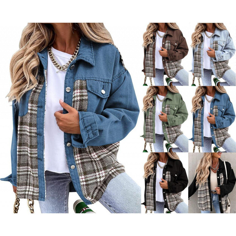 Women's checked denim jacket with a casual cut and modern details NOVAE