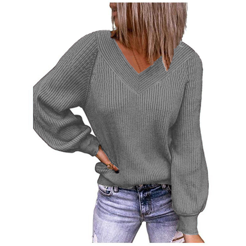 Women's V-neck and balloon sleeve knit sweater NOVAE