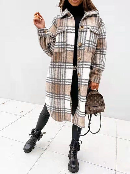 Women's Checkered Oversized Shirt Coat with Practical Pockets NOVAE