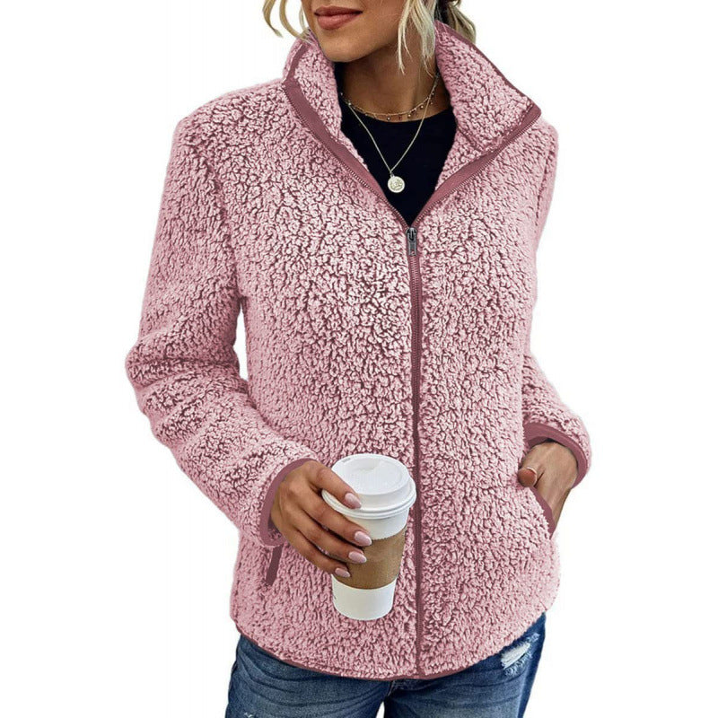 Women's fluffy fleece jacket with high collar and side pockets NOVAE