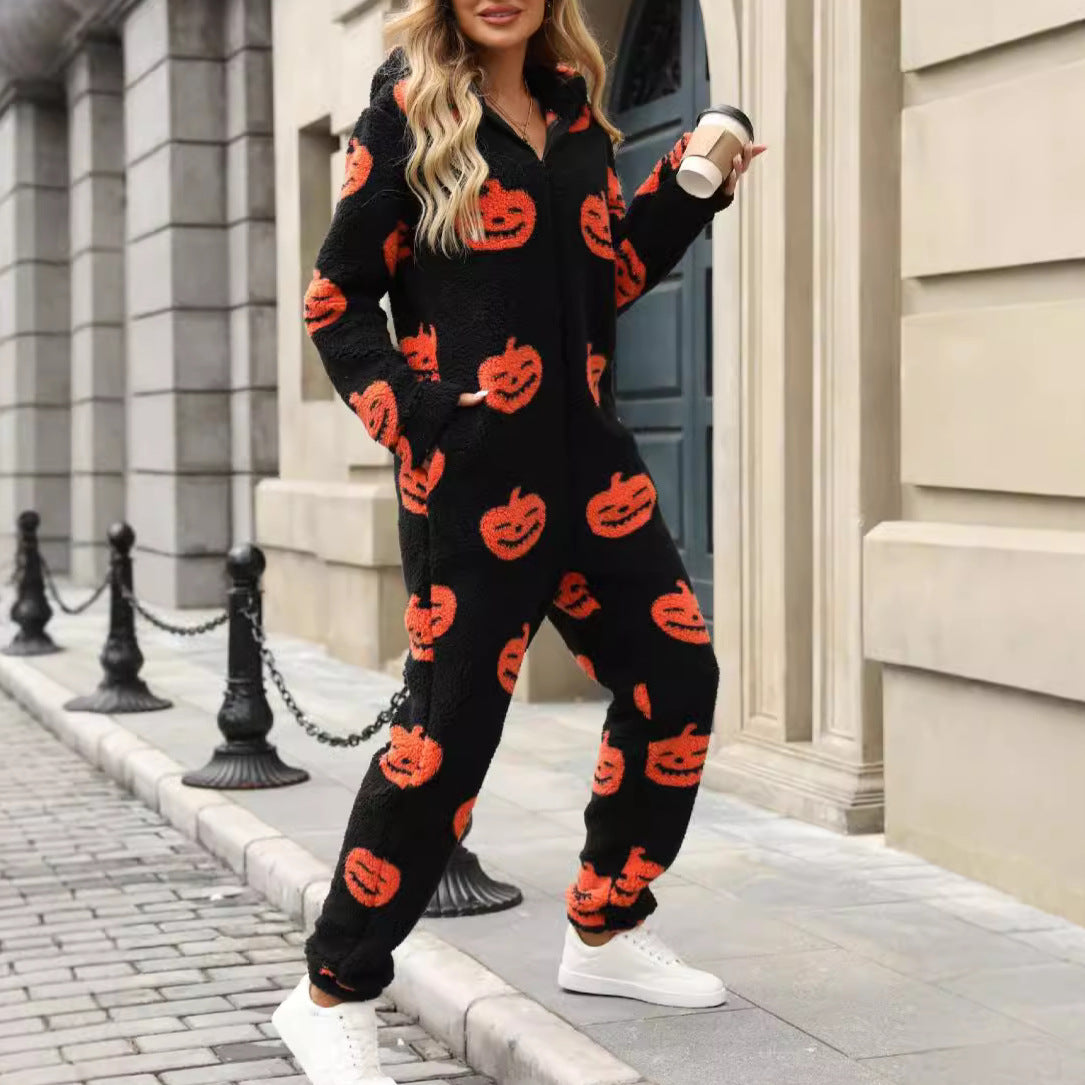 Women's Cozy Halloween Jumpsuit with Hood and Snuggly Fleece NOVAE