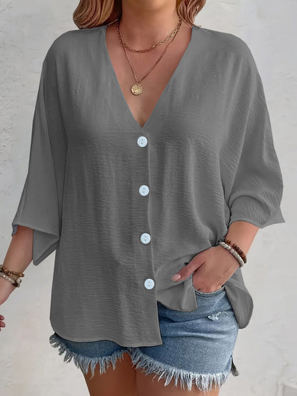 Women's flattering short-sleeved blouse with button placket and V-neck NOVAE