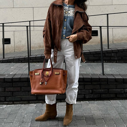 Women's faux leather jacket with a modern stand-up collar and practical zip pockets NOVAE