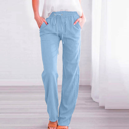 Women's Comfortable Linen Trousers with Elastic Waistband and Pockets NOVAE