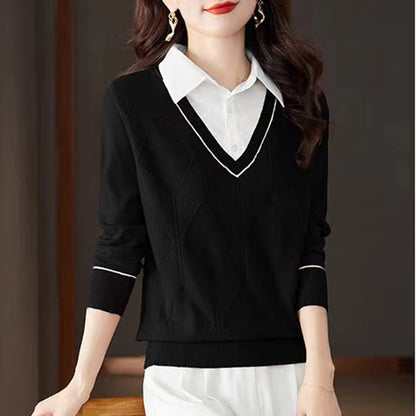 Women's knitted pullover with v-neck and textured diamond pattern NOVAE