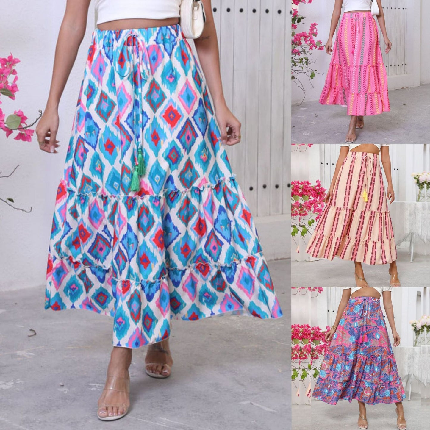 Women's long maxi skirt with cheerful tiered design and elastic waistband NOVAE