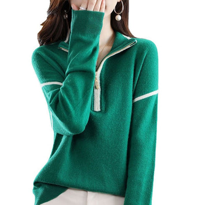 Women's pullover with half zipper and fine textured knit NOVAE