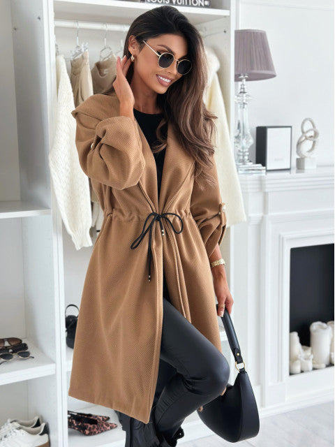 Women's hip-length fabric coat with hood and waist belt NOVAE