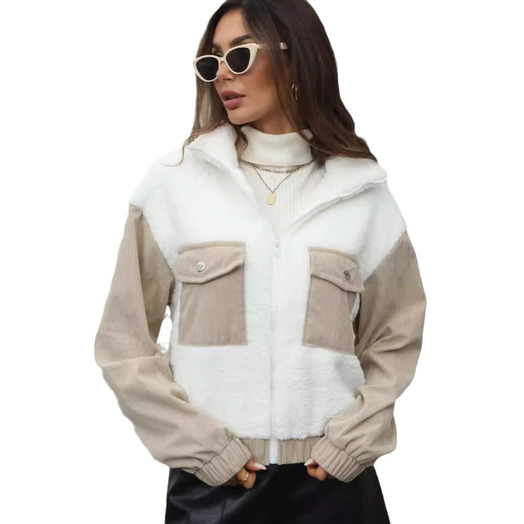 Women's fleece jacket with hood and fashionable corduroy detail NOVAE