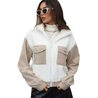 Women's fleece jacket with hood and fashionable corduroy detail NOVAE