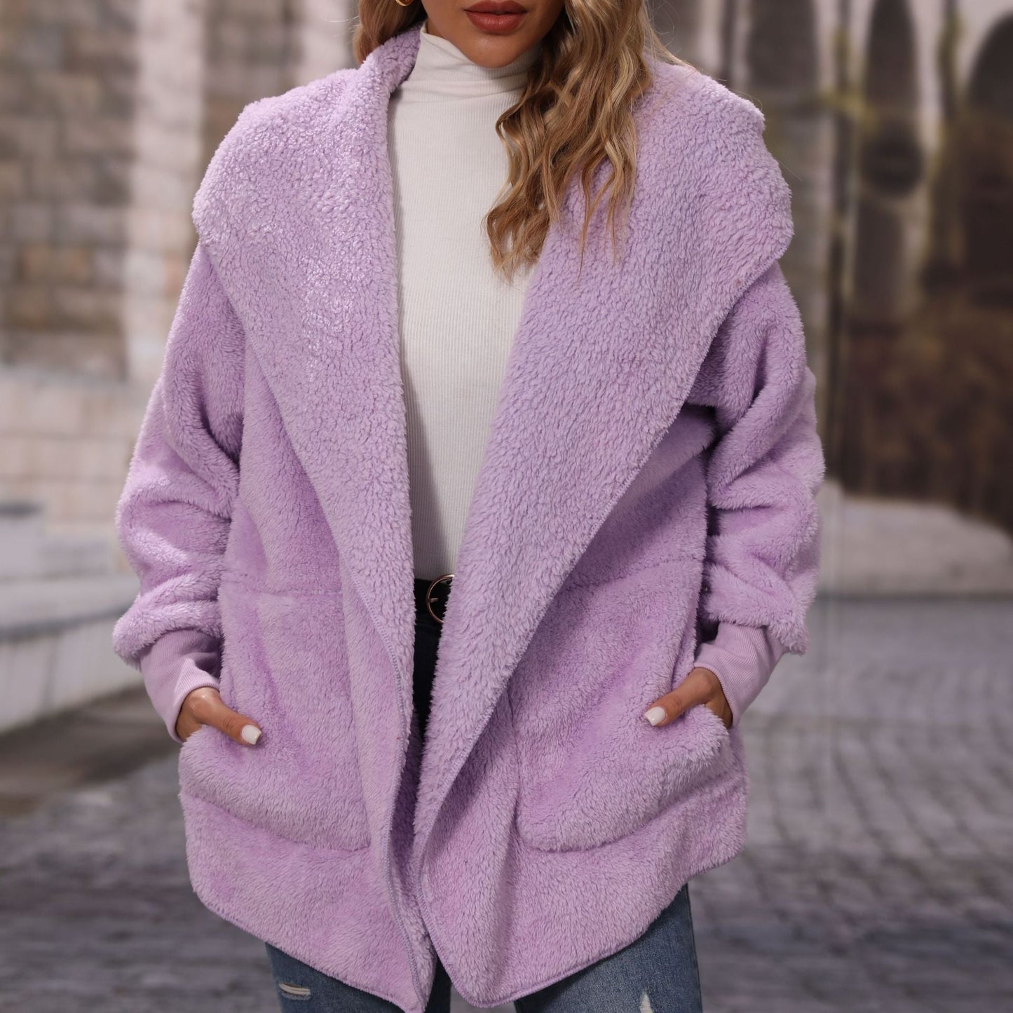 Women's Cozy Plush Jacket with Open Collar NOVAE