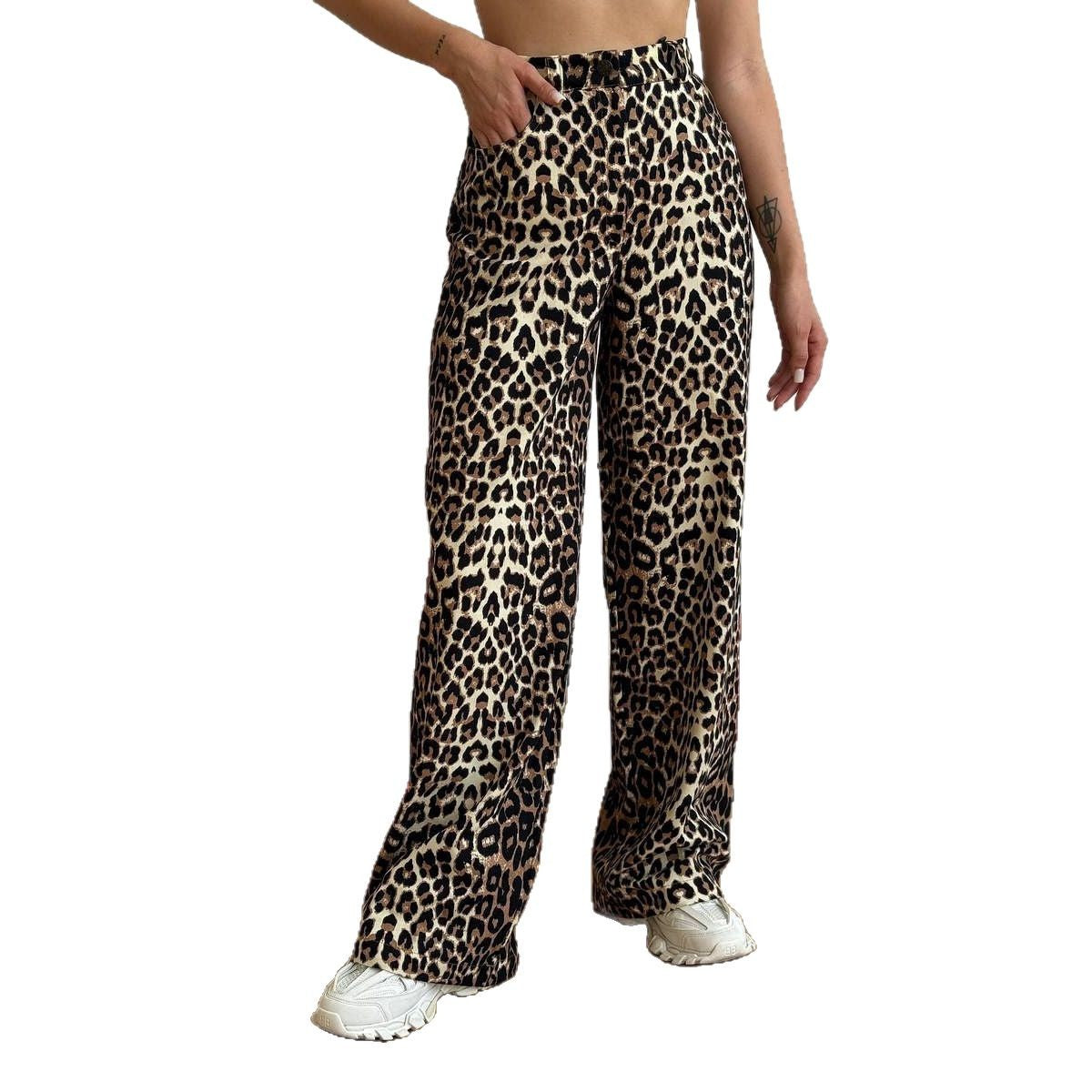 Women's wide-leg leopard-print denim trousers with elasticated waistband NOVAE