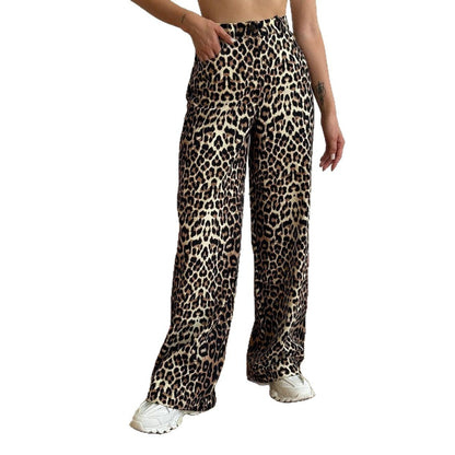 Women's wide-leg leopard-print denim trousers with elasticated waistband NOVAE