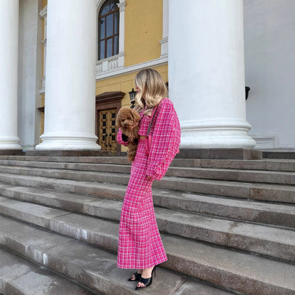 Women's maxi dress with innovative check design and flounce sleeves NOVAE