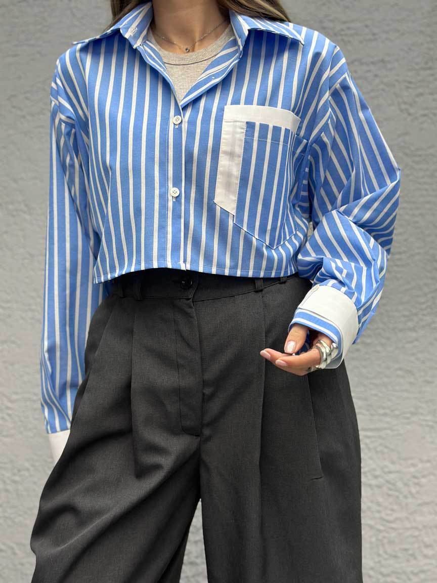Women's cropped shirt blouse with fine stripes and contrasting chest pocket NOVAE