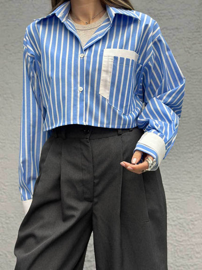 Women's cropped shirt blouse with fine stripes and contrasting chest pocket NOVAE