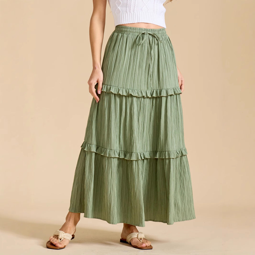 Women's Long Flowy Skirt with Ruffles and Elastic Waistband NOVAE