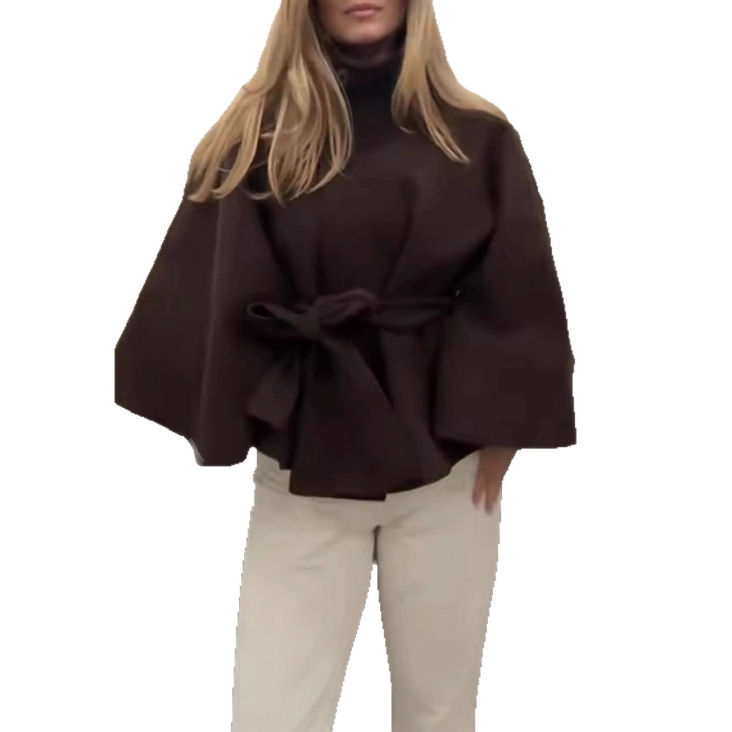 Women's elegant cape jacket with high stand-up collar and chic belt NOVAE